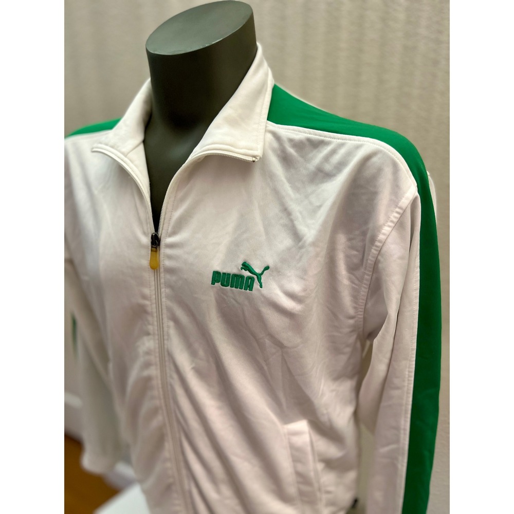 Puma Track Jacket Vintage White Kelly Green Stripe Retro Full Zip Mens Size S